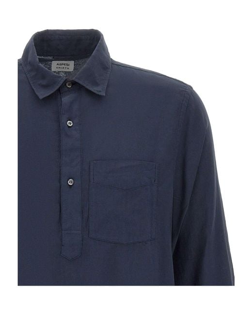 Aspesi Blue Long-Sleeved Curved Hem Shirt for men