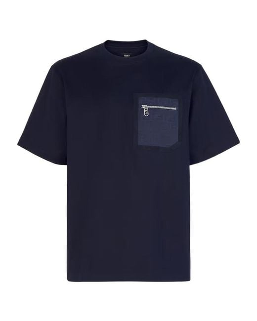 Fendi Blue Monogrammed Pocket Crewneck T-Shirt for men