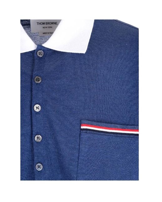 Thom Browne Blue Logo Patch Stripe-Detailed Polo Shirt for men