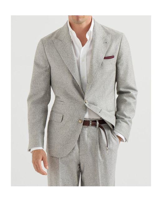 Brunello Cucinelli Gray Silk And Cashmere Cavalry Tweed Deconstructed Blazer With Large Peak Lapels for men