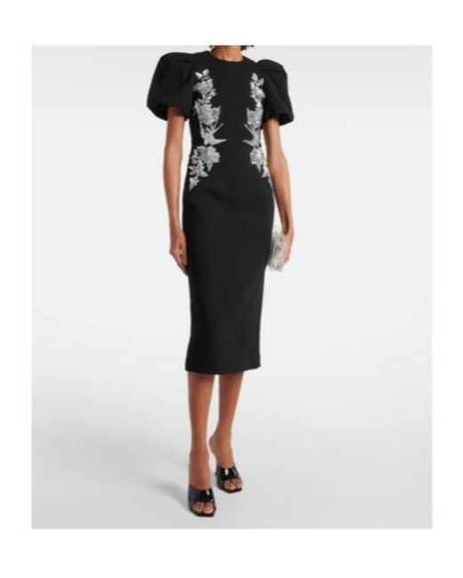 Rebecca Vallance Black Monroe Puff-Sleeve Embellished Midi Dress