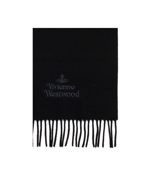 Vivienne Westwood Black Logo Embroidered Fringed Scarf