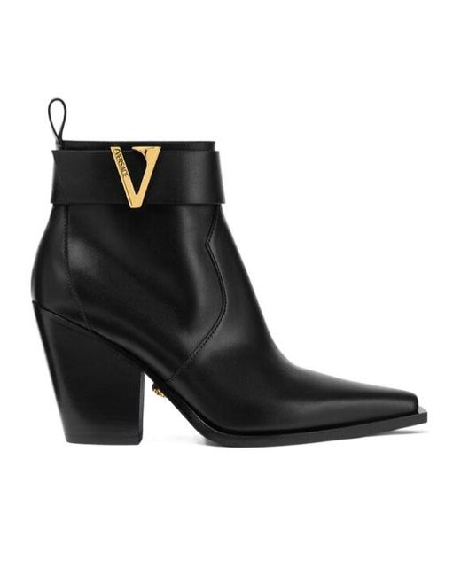 Versace Black Leather V-Buckle Boots