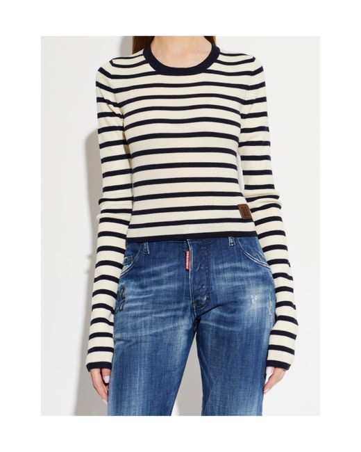 DSquared² White Logo Patch Striped Knitted Top