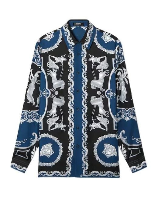 Versace Blue Pattern-Printed Long-Sleeved Shirt for men