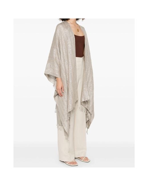 Brunello Cucinelli Natural Striped Sparkling Fringed Poncho