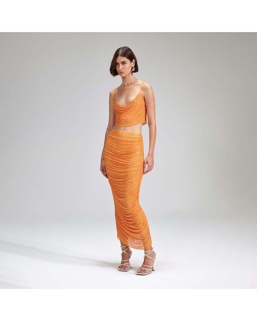 Self-Portrait Orange Rhinestone Mesh Top