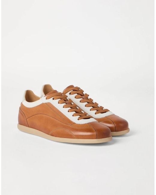Brunello Cucinelli Brown Calfskin Contrast-Panel Sneakers for men