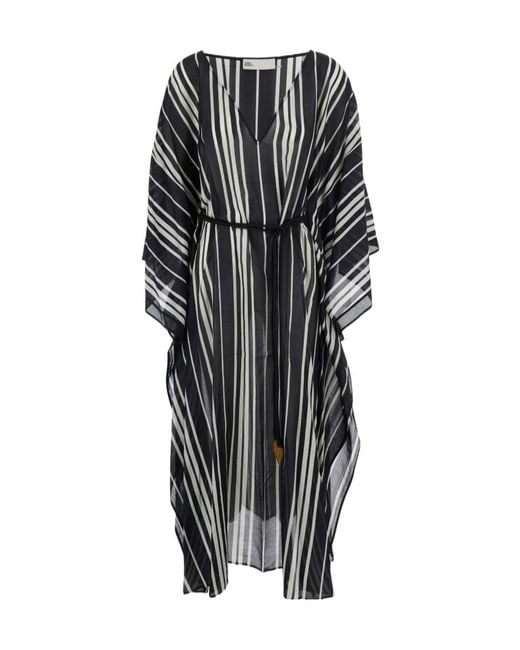 Tory Burch Black And Caftan With Waist Belt And Striped Motif In