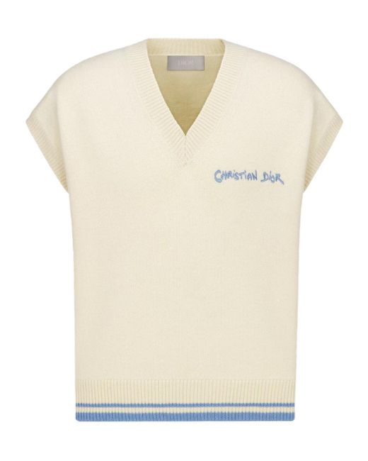 Dior White Homme Logo Embroidered V-Neck Vest for men