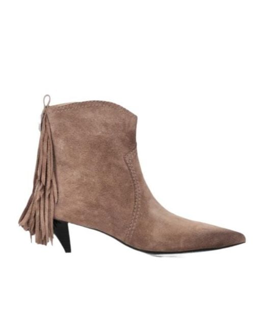 Pinko Brown Fringe-Detail Suede Ankle Boots