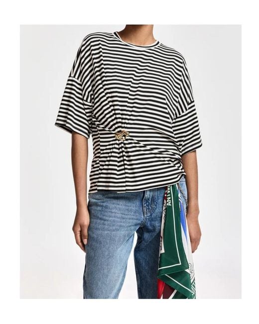 Essentiel Antwerp Black Kriss Striped Brooch T-Shirt