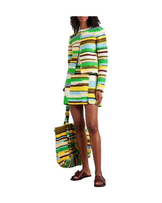 The Elder Statesman Green Striped Crocheted Organic Cotton Cardigan