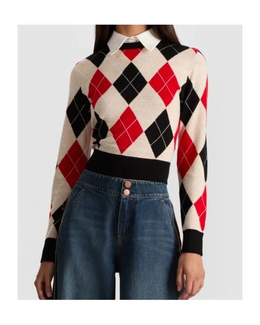 Alice + Olivia Red Carolann Argyle Pullover