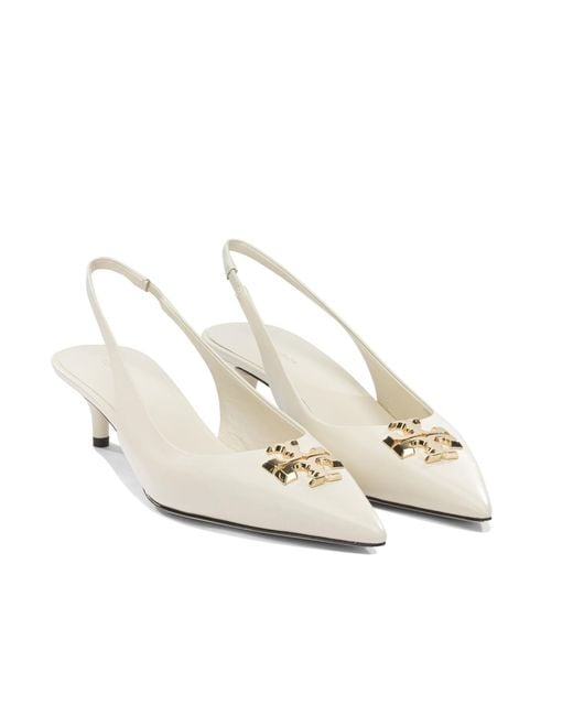 Tory Burch White Logo Slingback Heeled Pumps