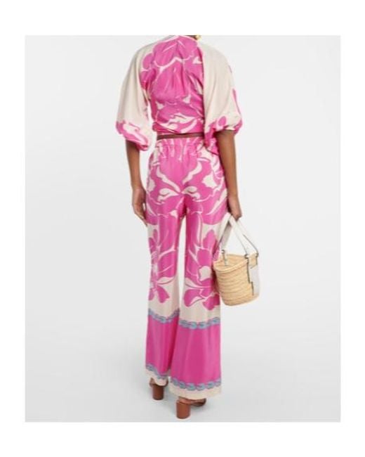 Adriana Degreas Pink Printed Puff-Sleeve Silk Blouse