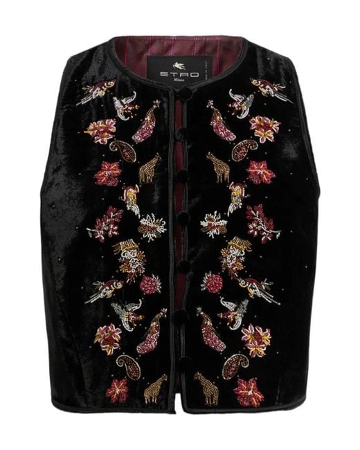 Etro Black Cropped Velvet Waistcoat With Embroidery And Beads