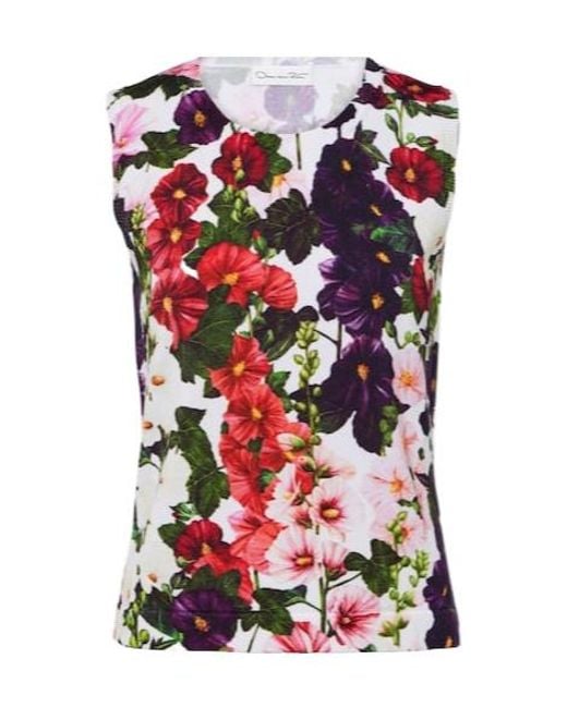 Oscar de la Renta Red Floral Cotton-Blend Tank Top