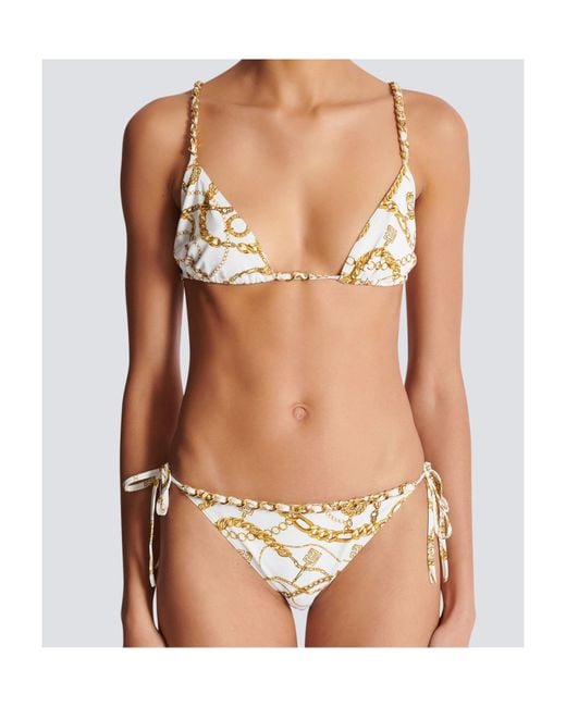 Balmain White Two Piece Chain-Print Triangle Bikini Set