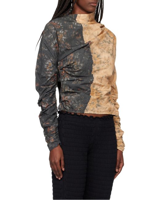 Ganni Black Asymmetric-Neck Floral-Printed Ruched Top