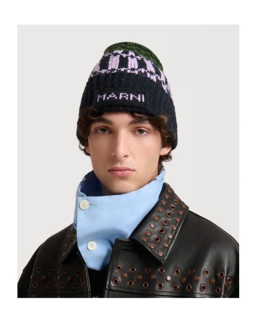 Marni Green Wool Beanie With Geometric Motif for men