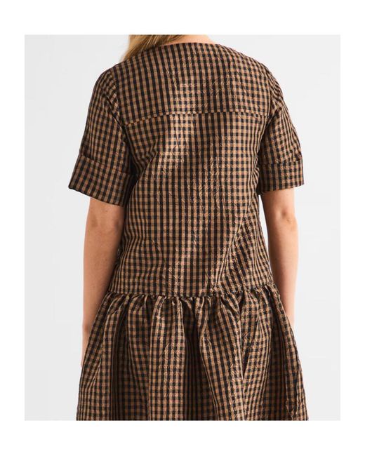 Ganni Brown Plaid Short-Sleeved Dress