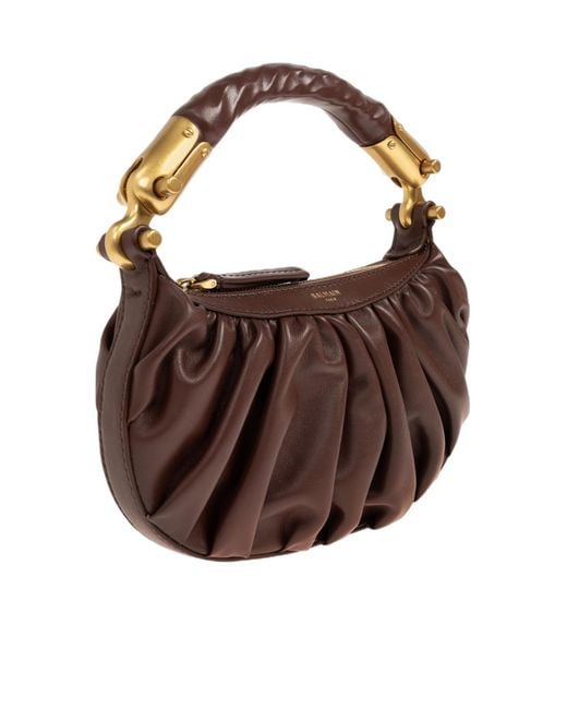 Balmain Brown Ebene Ruched Handle Shoulder Bag