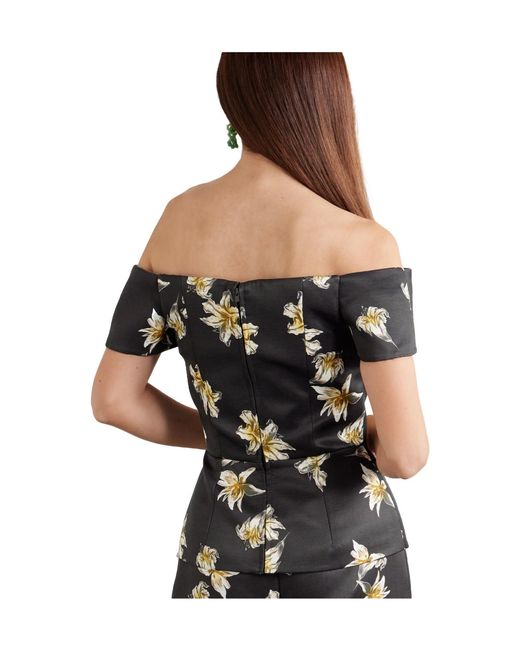 Emilia Wickstead Black Off The Shoulder Floral-Print Faille Bustier Top