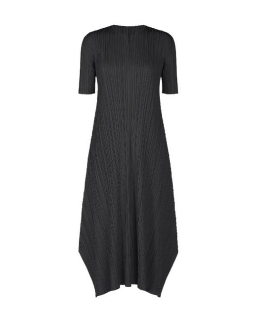 Pleats Please Issey Miyake Black Mellow Pleats V-Neck Asymmetric Dress