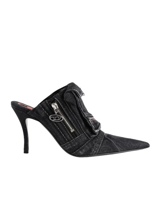 DIESEL Black Pointed-Toe Thin-Heel Stylish Versatile Denim Mules