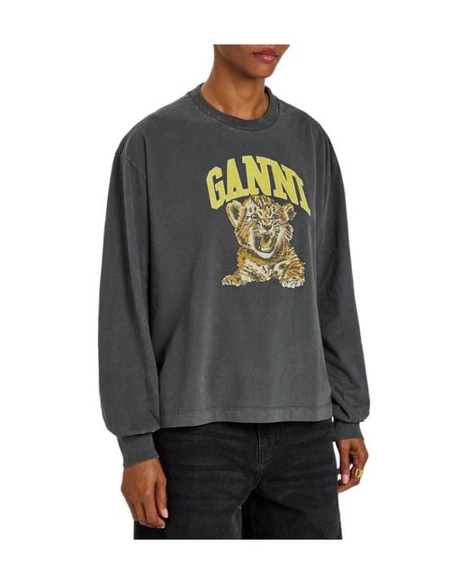 Ganni Gray Printed Long-Sleeve Cotton T-Shirt