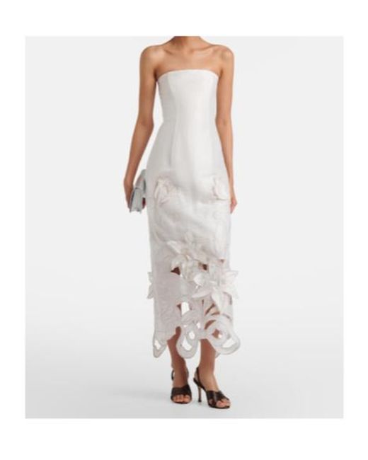Leo White Rayna Floral-Appliqué Linen-Blend Bustier Gown