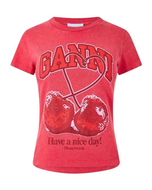 Ganni Red Cherry Print Short Sleeve T-Shirt