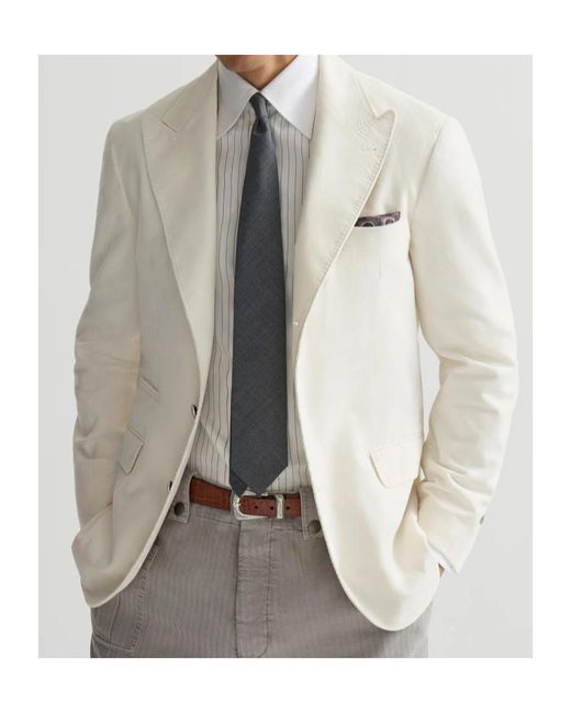 Brunello Cucinelli White Sea Island Cotton Narrow Wale Corduroy Deconstructed Blazer With Large Peak-Lapels And Metal Buttons for men