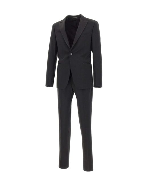 Emporio Armani Black Satin-Trim Peak-Lapel Suit for men