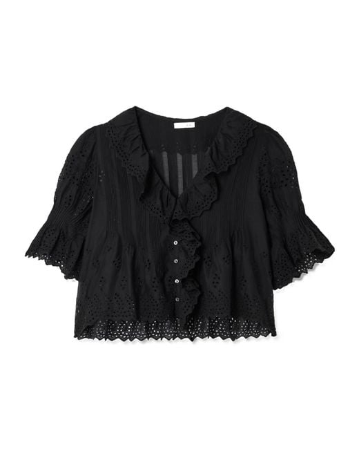 Doen Black Ruffled Pintucked Broderie Anglaise Cotton Top