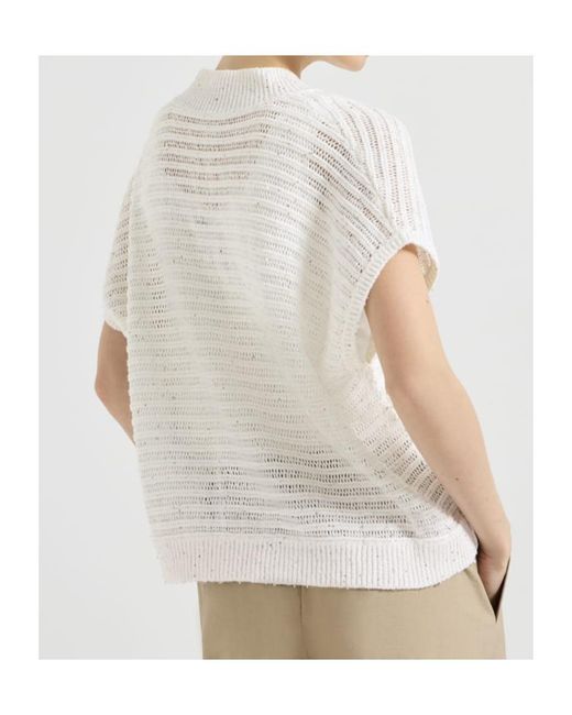 Brunello Cucinelli White Linen Diamond Yarn Cardigan With Openwork Stripes And Shiny Zipper Pull