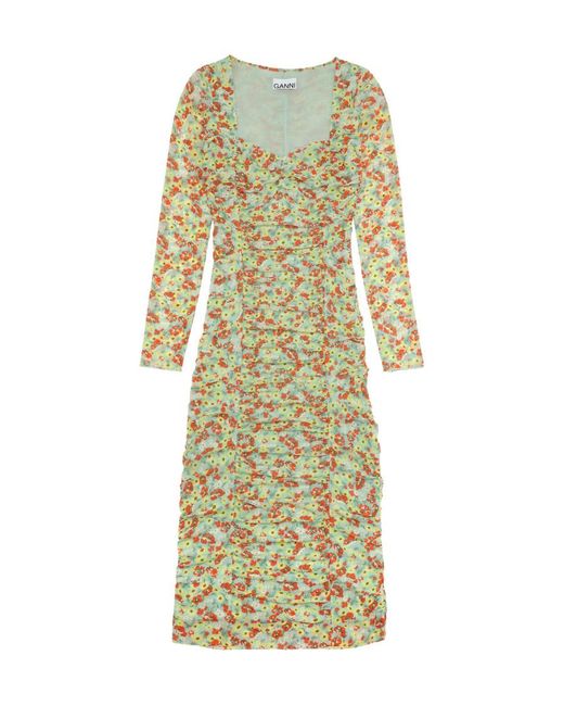 Ganni White Printed Mesh Midi Dress