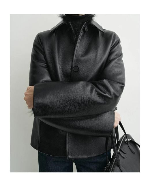 Totême  Black Totême Button-Up Leather Jacket
