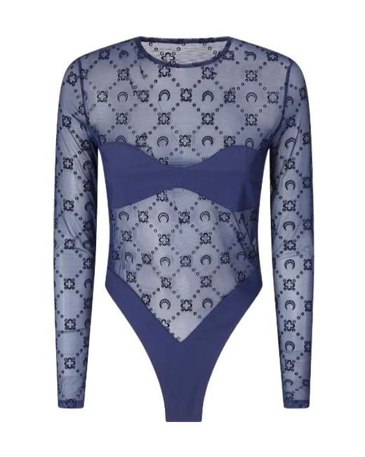 MARINE SERRE Blue Moonogram Flock-Print Mesh Bodysuit