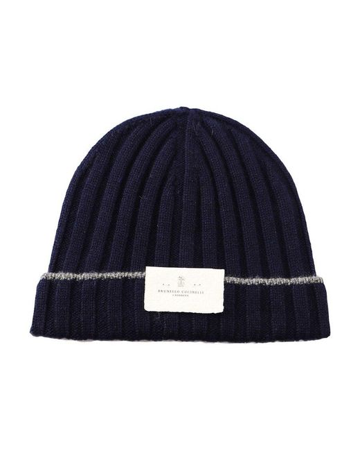 Brunello Cucinelli Blue Turn-Up Brim Ribbed Beanie for men