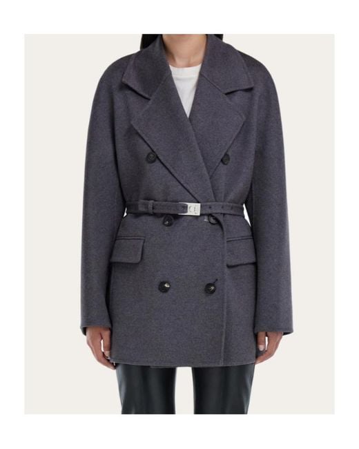Ferragamo Blue Ferragamo Double Breasted Belted Long Jacket