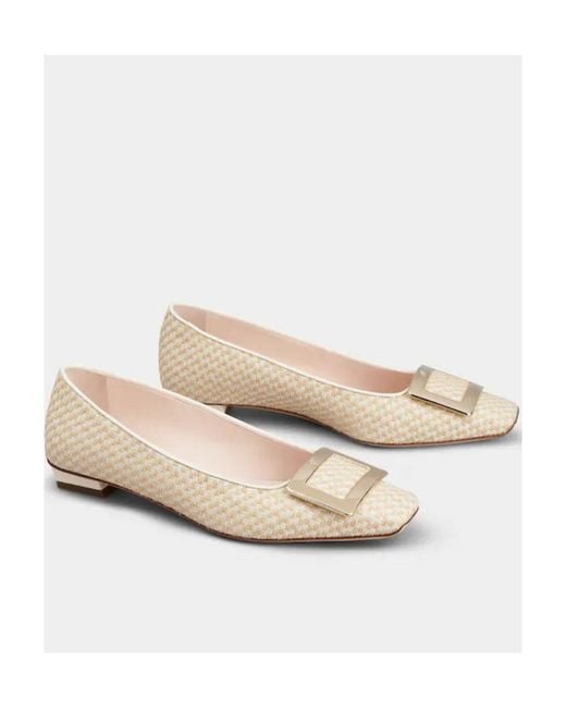 Roger Vivier Natural Belle Vivier Metal Buckle Piping Ballerinas