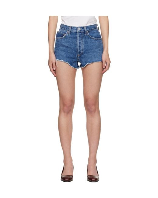 Agolde Blue Frayed Hem Denim Shorts