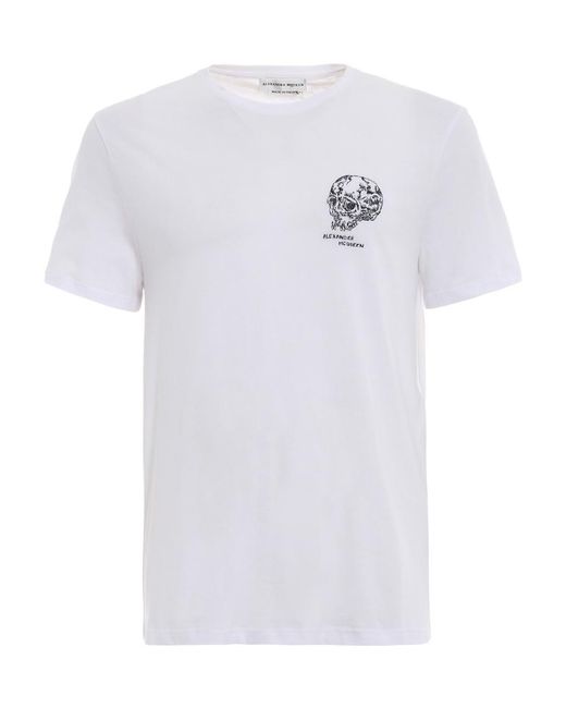McQueen White Printed T-Shirts With Flowers And Skulls for men