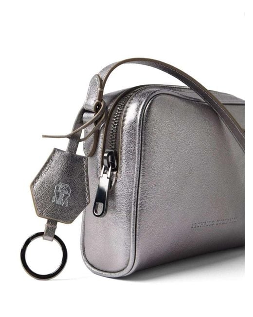 Brunello Cucinelli Gray Lamé Boston Crossbody Bag