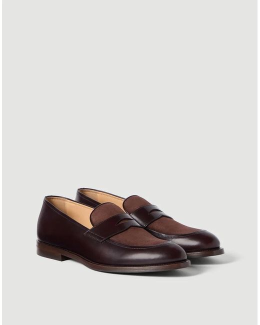 Brunello Cucinelli Brown Polished Calfskin And Suede Penny Loafers for men