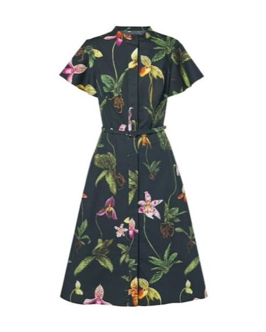 Oscar de la Renta Green Floral Cotton-Blend Midi Dress