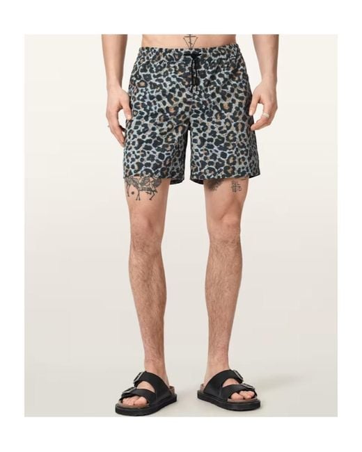 AllSaints Green Silesia Leopard Print Slim Fit Swim Shorts for men