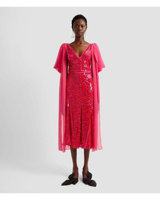 Erdem Red Drape-Shoulder Sequinned Midi Dress
